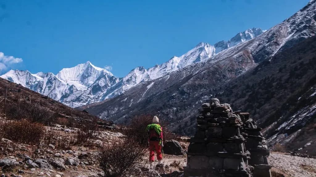Trekker below snow‑clad Langtang Lirung ridge