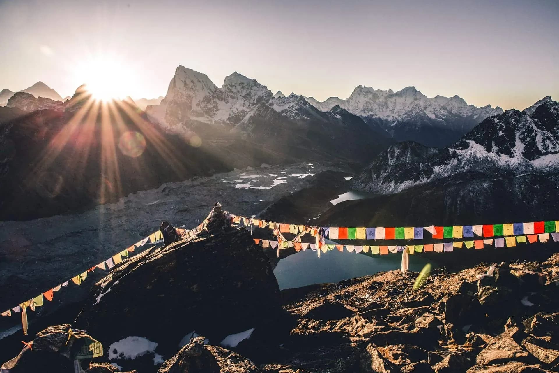 Prayer flags on Gokyo Ri at sunrise above Gokyo Lake