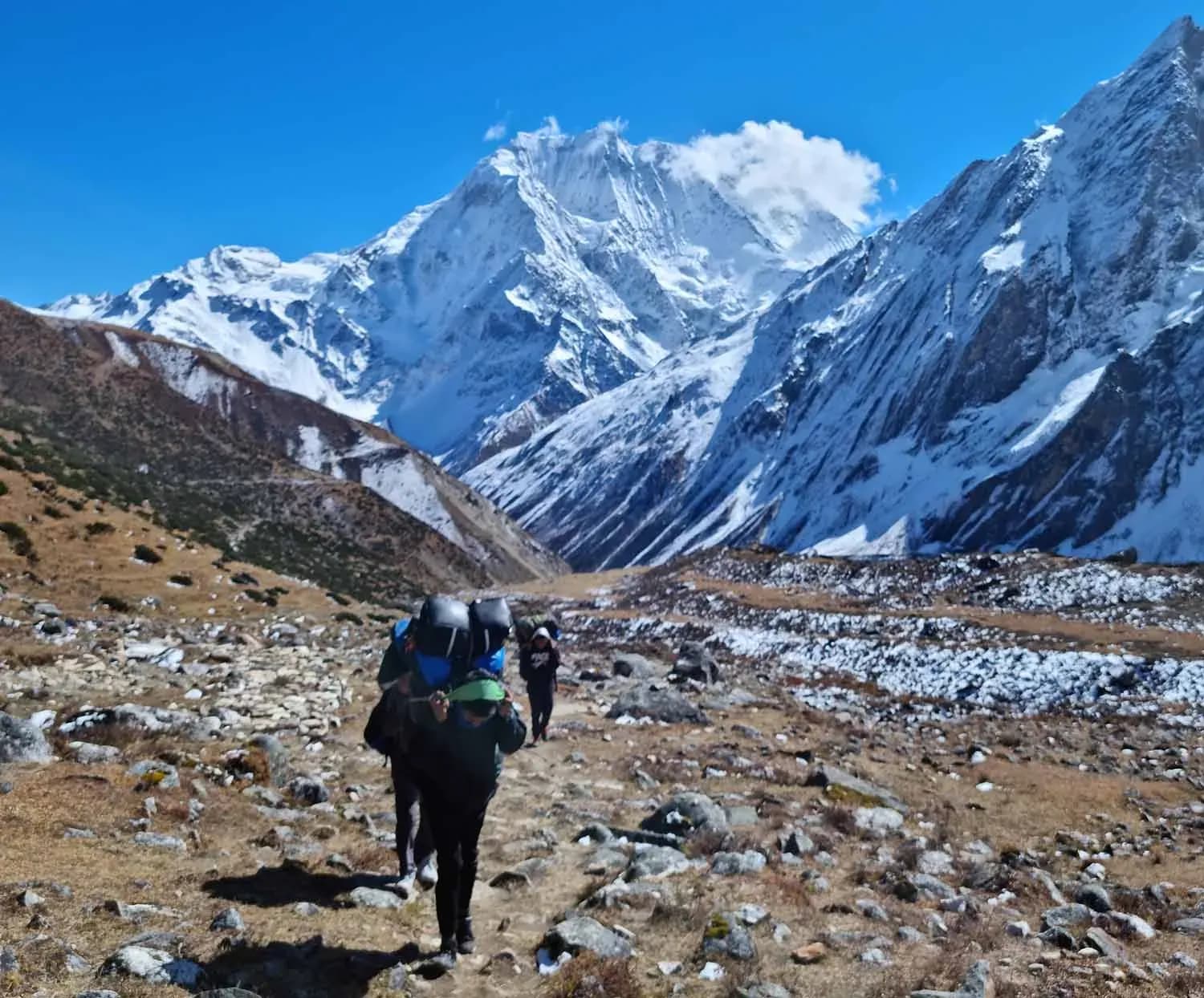 Porters carrying loads along a rocky moraine trail toward Larkya La under snow-covered peaks