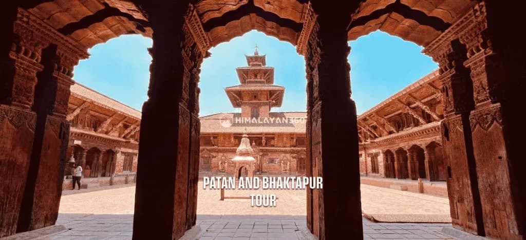 Traditional Newari courtyard and a temple in Patan Durbar Square seen during the Patan and Bhaktapur Tour with Himalayan 360.