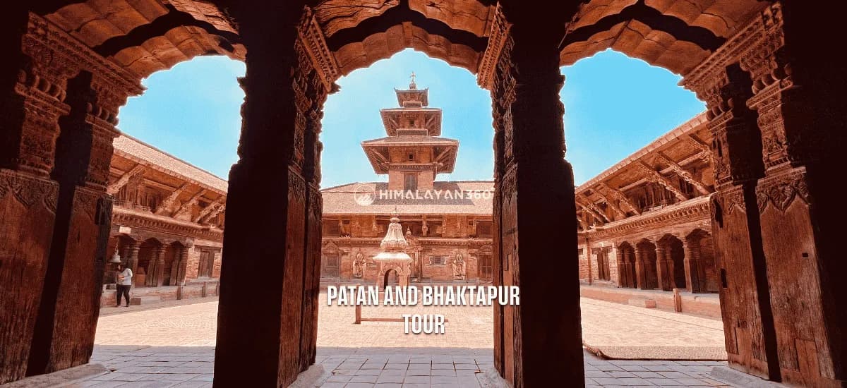 Traditional Newari courtyard and a temple in Patan Durbar Square seen during the Patan and Bhaktapur Tour with Himalayan 360.