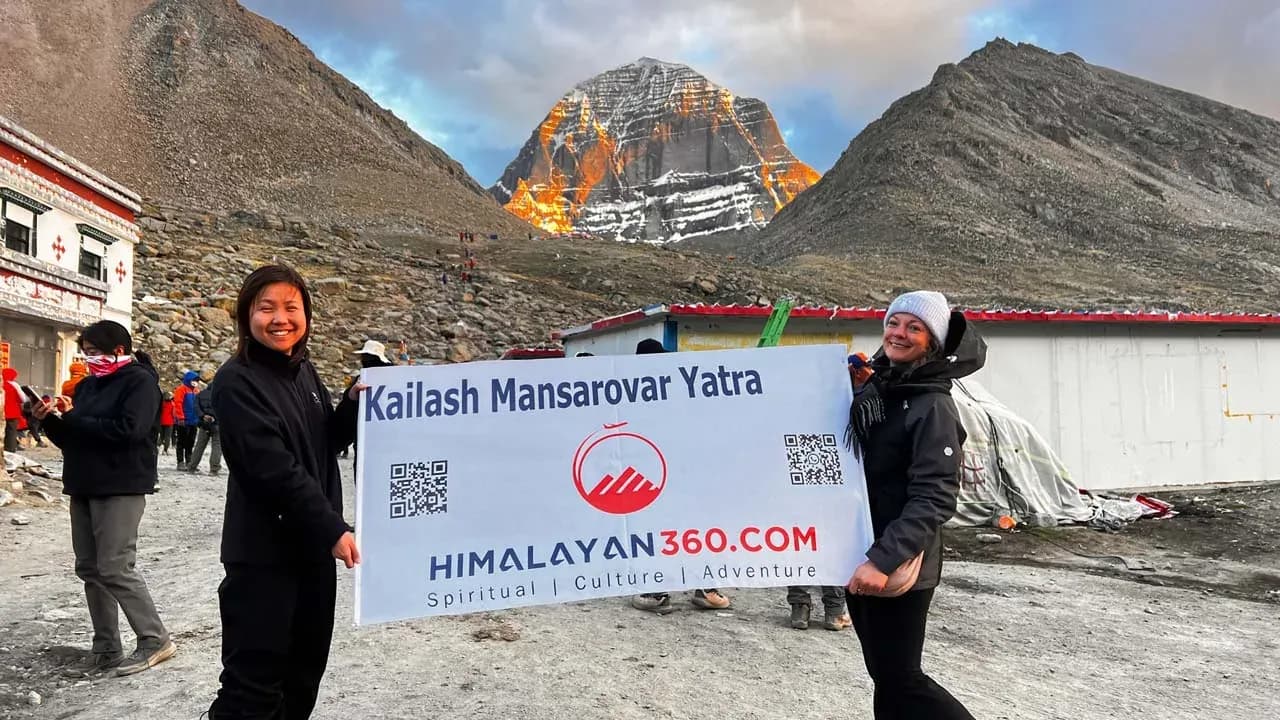 Fixed Group Departure for the Kailash Mansarovar Yatra. Group members are enjoying Yatra infront of Mount Kailash.