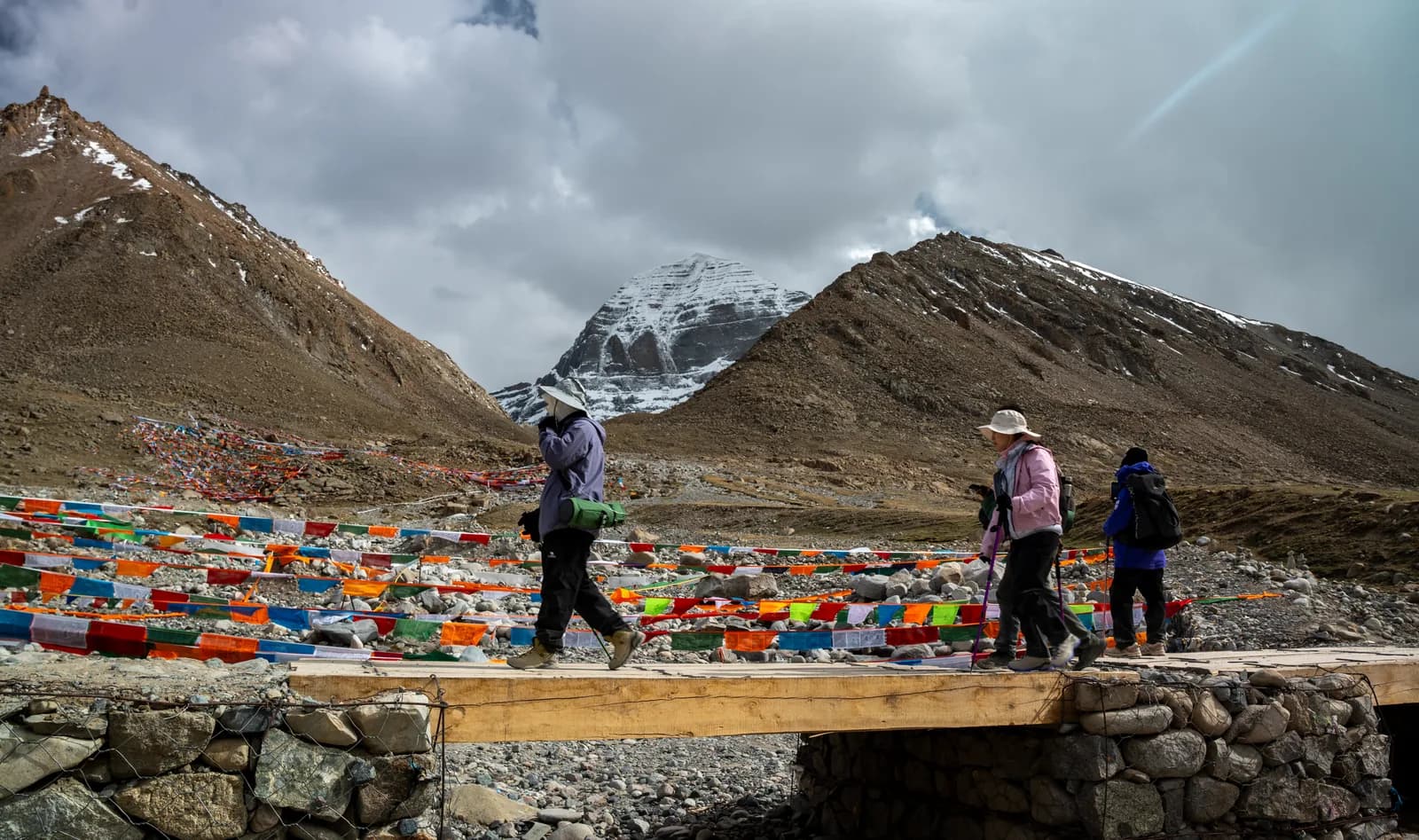 Pilgrims crossing a bridge past prayer flags on the Kailash Kora