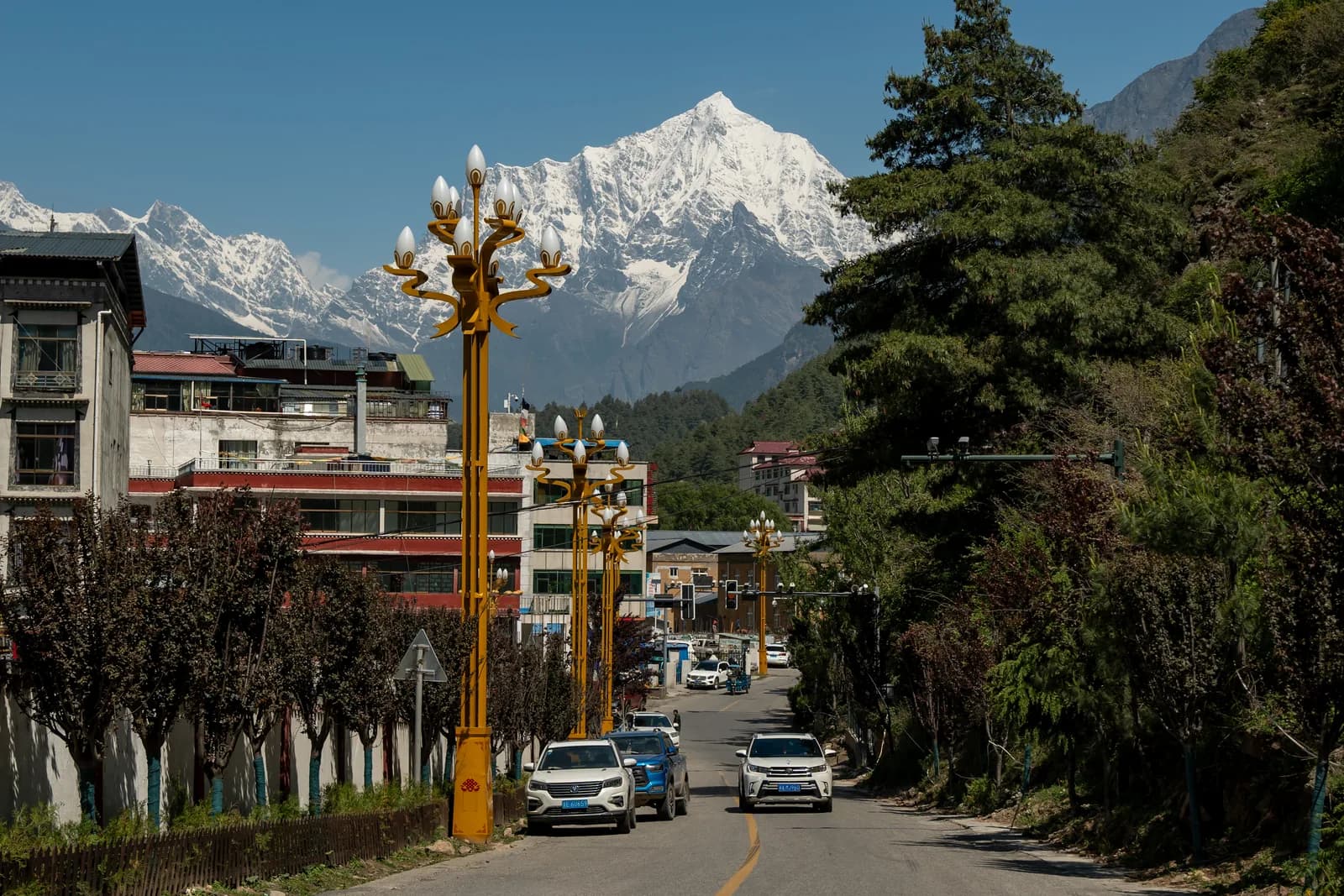 Main street of Kyirong town with snow peaks behind