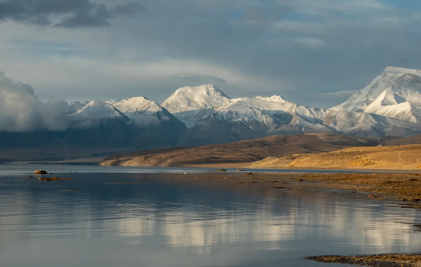 Snow peaks reflected in Lake Mansarovar in the morning