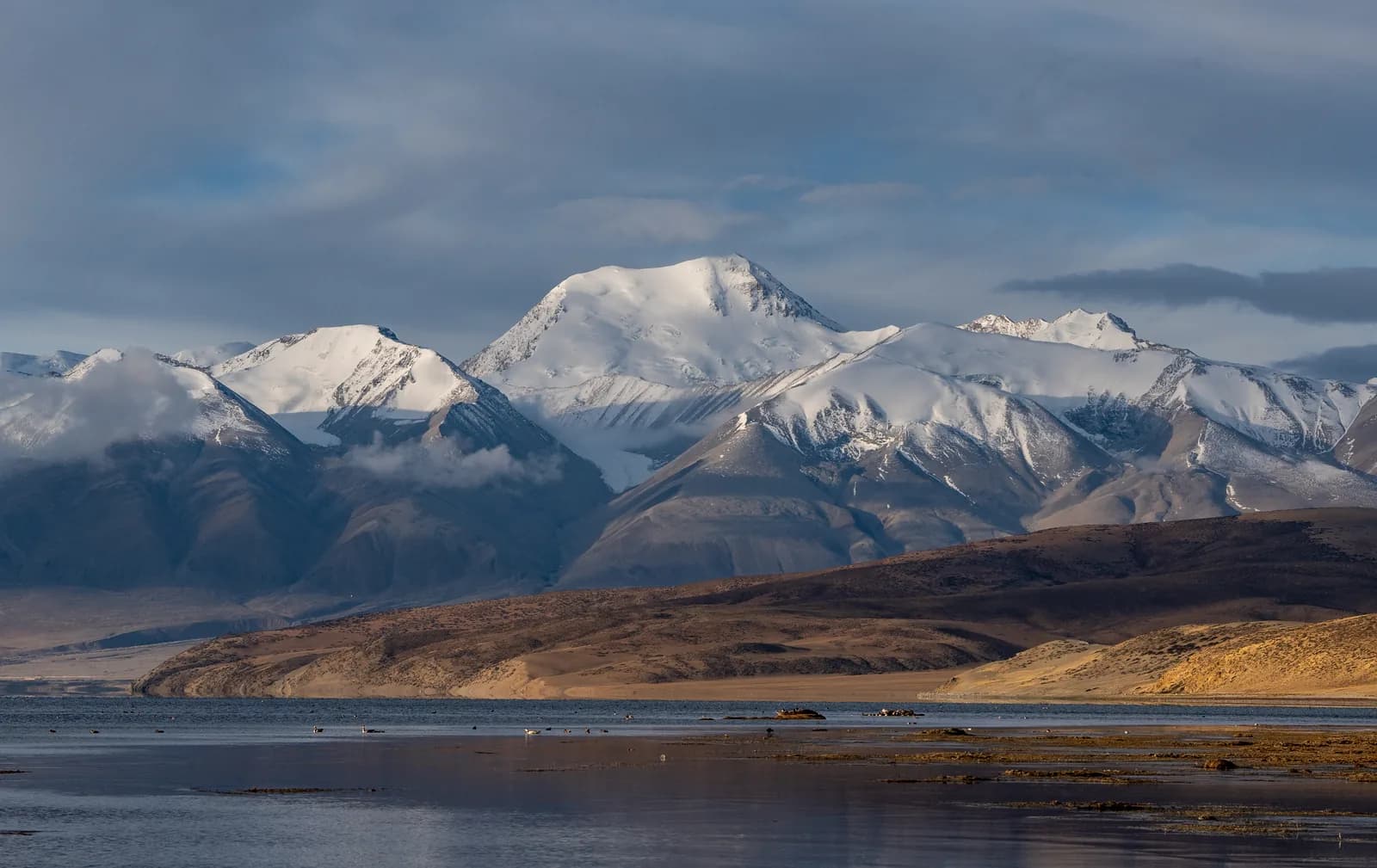 Snow-covered Himalayan peaks across Lake Mansarovar