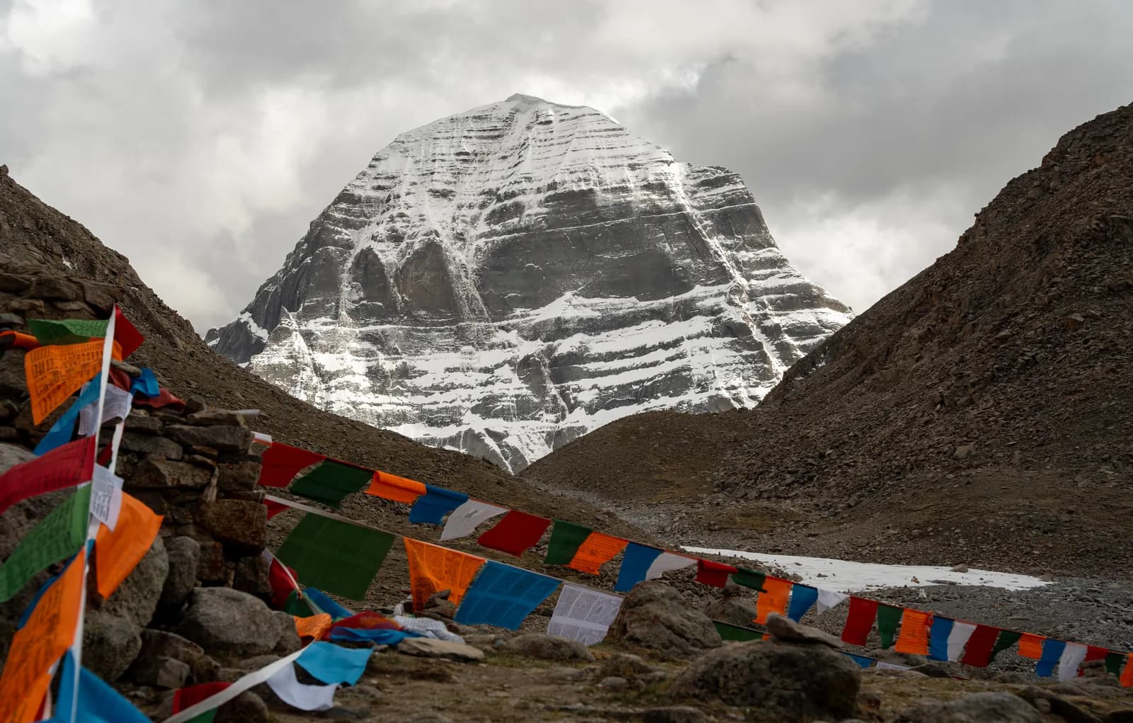 Prayer flag line strung below Mount Kailash's north face