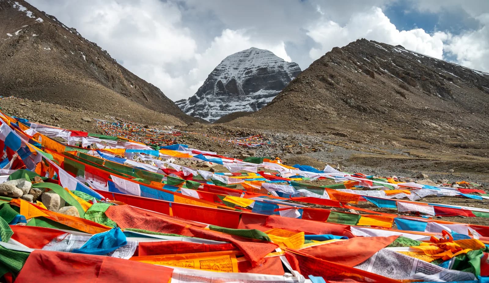 Prayer flags laid out below the north face of Mount Kailash at Dirapuk