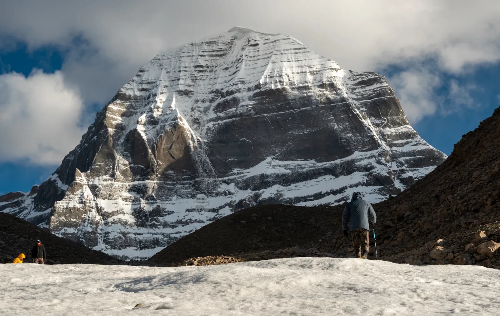 Pilgrim on the snowfield below Mount Kailash's north face