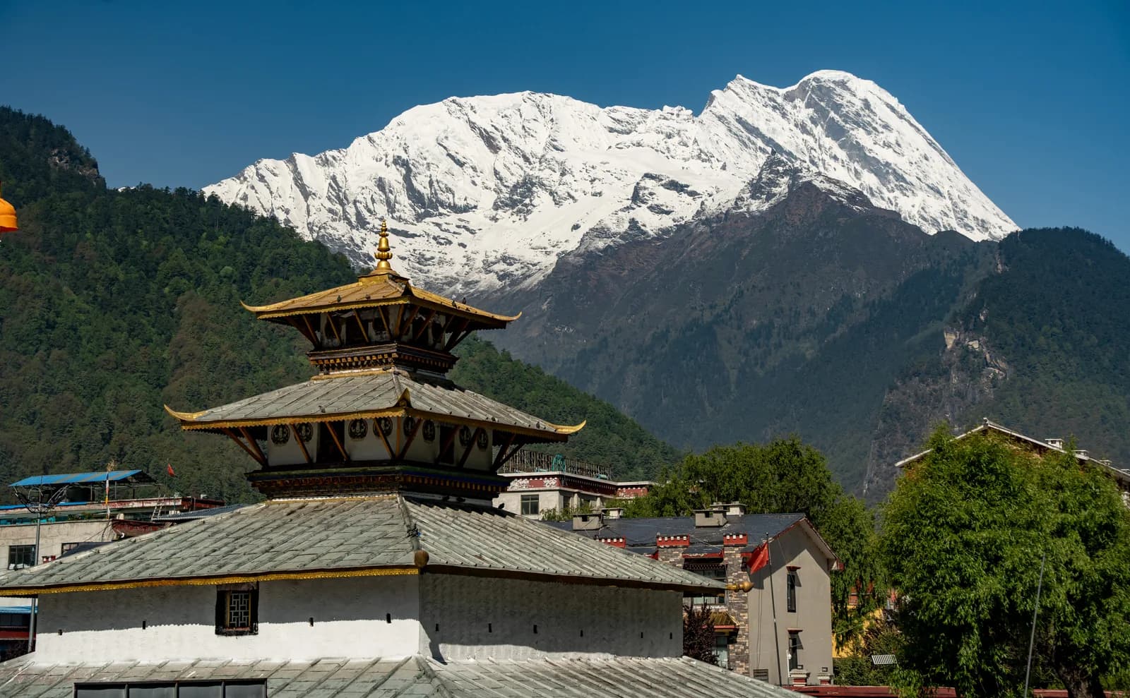Pakba Monastery in Kyirong with a snow-capped peak behind
