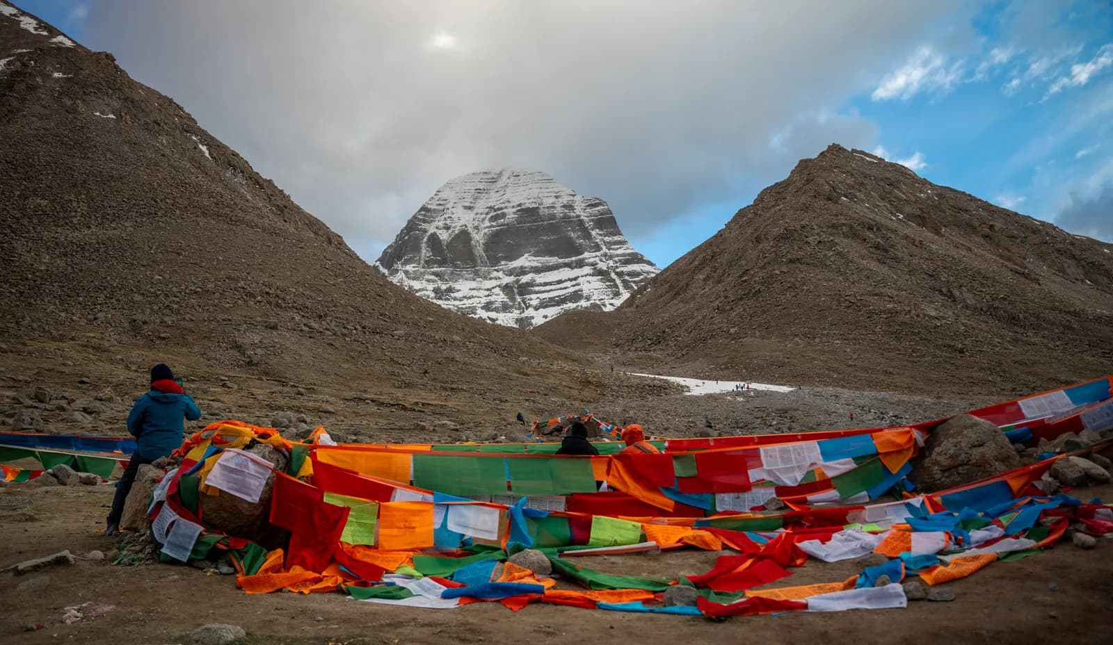 Pilgrim beside prayer flags laid out below Mount Kailash's north face