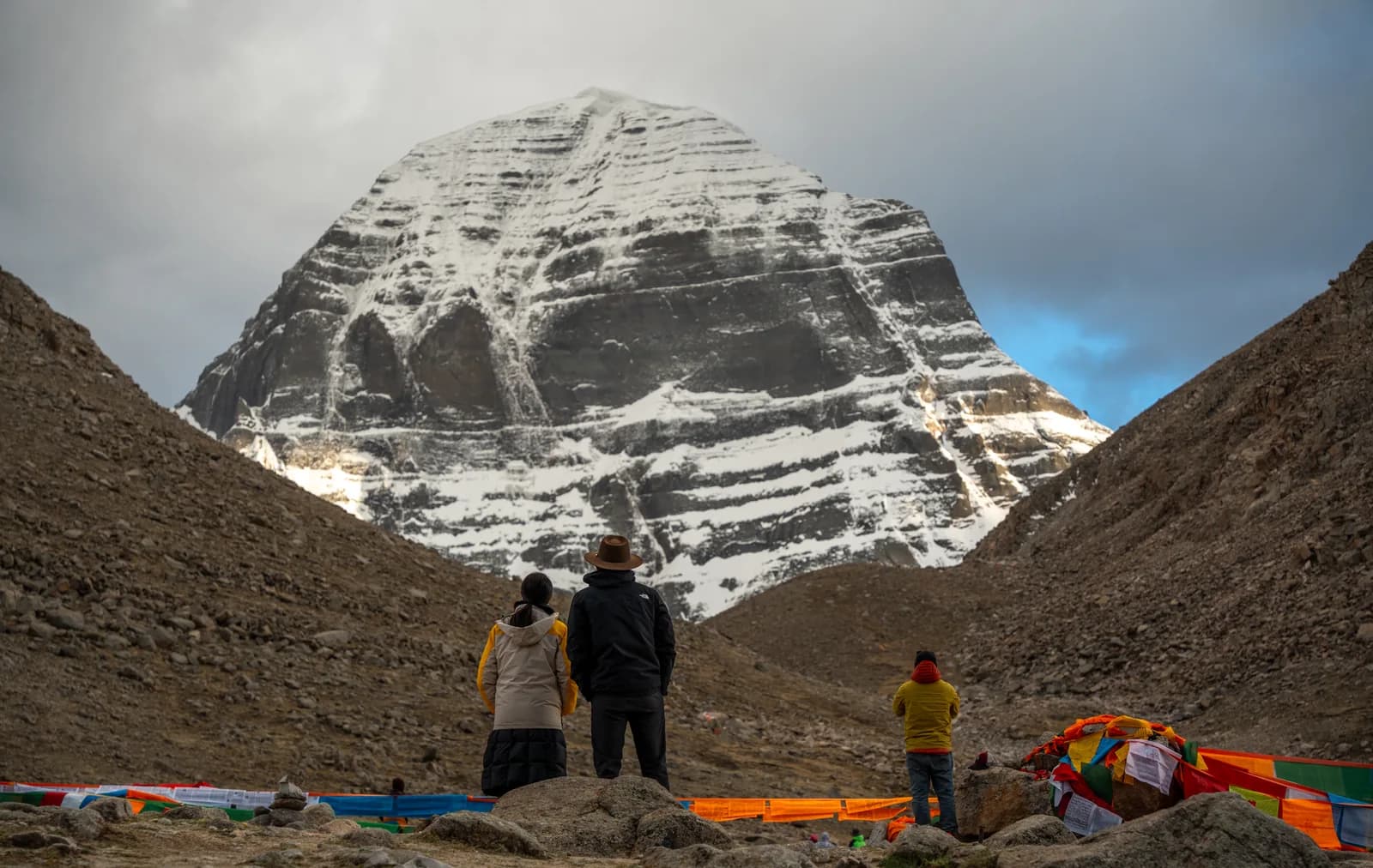 Pilgrims beside prayer flags facing Mount Kailash's north face