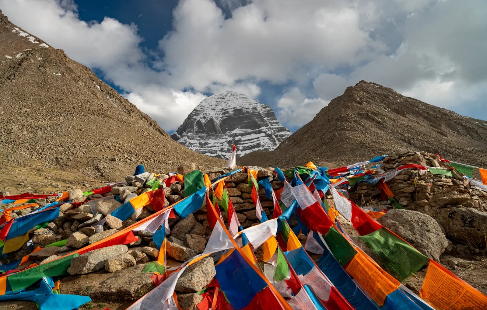 Prayer flag cairn below Mount Kailash's north face near Dirapuk