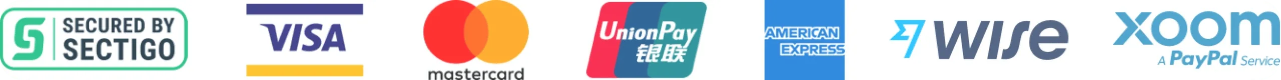 Sectigo, Visa, Mastercard, UnionPay, American Express, Wise and Xoom