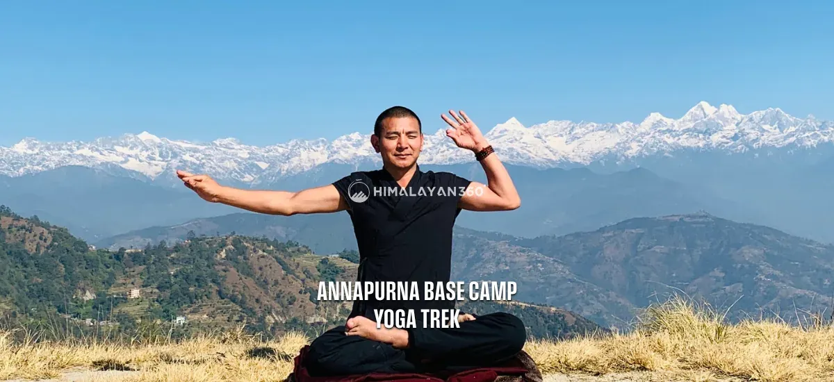 yoga practive infront of annapurna himalayan ranage